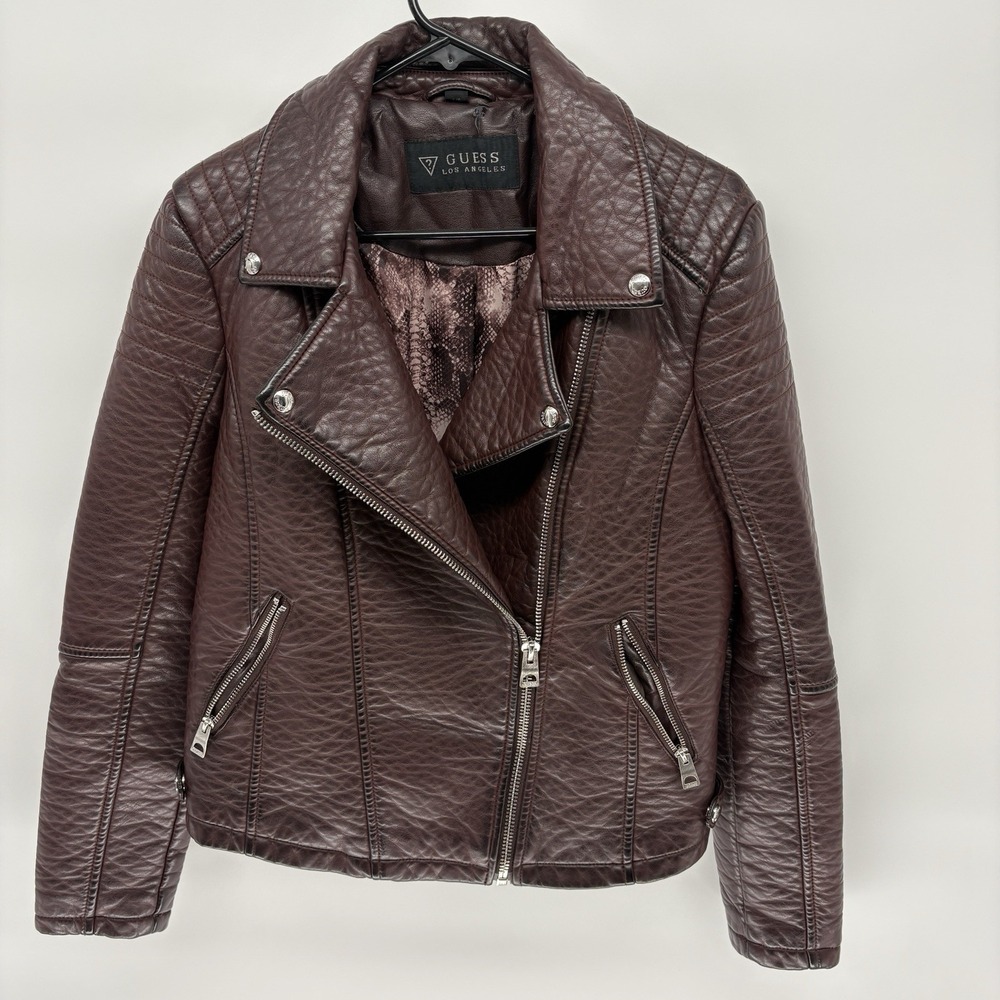 Guess Vegan Leather Moto Jacket‎ Asymmetrical Zip Snakeskin Print Lined Women L